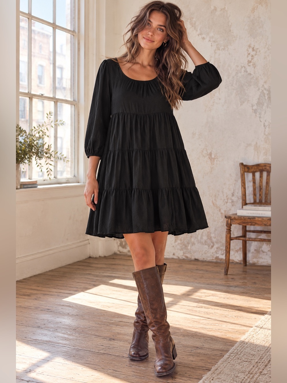 Lulus So Blissful Black Tiered Three-Quarter Sleeve Babydoll Dress